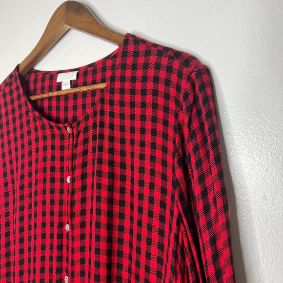 J Jill Women's XL Red Black Buffalo Plaid Button Down Peplum Blouse - Picture 2 of 10